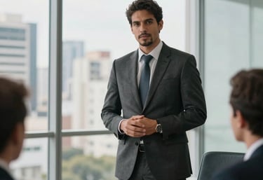 Professional portrait of a confident Brazilian businessman in a charcoal suit, presenting to a group in a glass-walled conference room. The background shows a blurred cityscape of a metropolis like São Paulo. Natural daylight, high-end corporate photography.