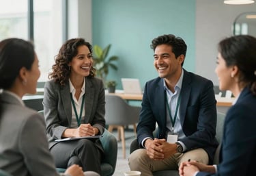 A group of diverse South American professionals in business attire laughing together in a bright office lounge, sea green and gray decorative elements, soft daylight.
