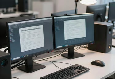 A clean and organized technician workstation with dual monitors, professional lighting, and computer tools, reflecting a modern European / Portuguese tech office.