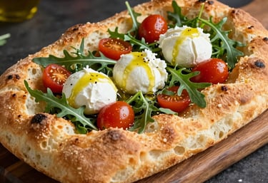 Close-up of a golden focaccia topped with fresh roquette, cherry tomatoes, and melted mozzarella.