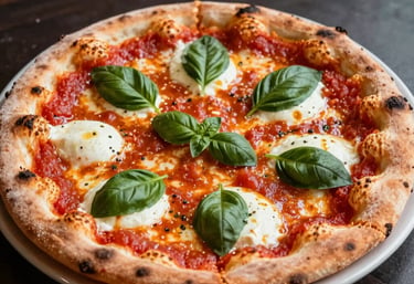 Close-up of a freshly baked pizza with melted mozzarella, fresh basil leaves, and vibrant tomato sauce on a rustic wooden table.