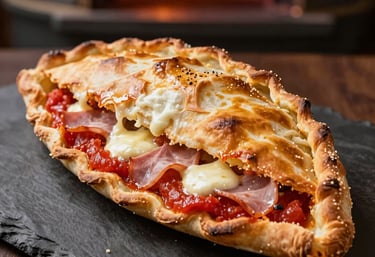 Close-up of a golden-baked calzone with melted mozzarella oozing out.