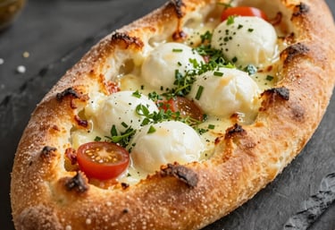 Close-up of a rustic Italian pizza topped with fresh mozzarella, cured meats, and vibrant greens on a wooden table.