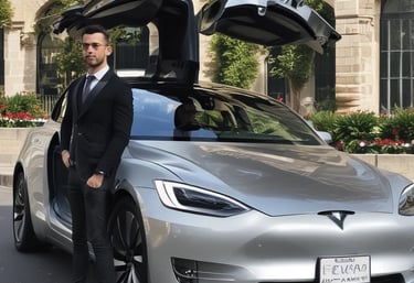 A professional VTC driver handing keys to a satisfied passenger in a sleek car.