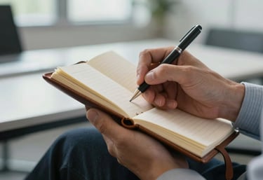 A close-up of a strategist's hand taking notes in a leather notebook in a professional International / Global office setting, suggesting intellectual depth and precision.