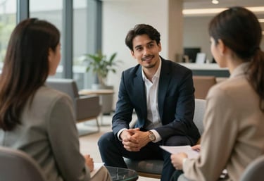 A one-on-one coaching session in a modern International / Global executive lounge, showing a professional listener and a client in a trustworthy and empathetic atmosphere.