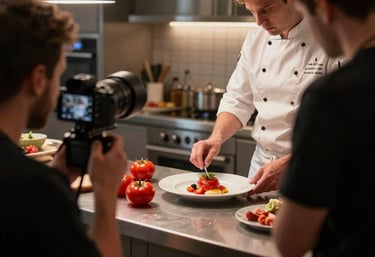 A behind-the-scenes shot of a filmmaker capturing a chef plating a dish in a modern North American kitchen. Warm, atmospheric lighting with a focus on Deep Ripe Crimson tomato ingredients.