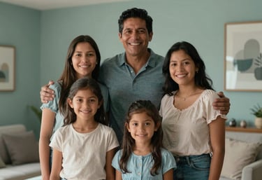 A portrait of a smiling South American / Colombian family in their modern home, symbolizing unity and progress. Warm indoor lighting, Muted Teal and Pale Mist decor.