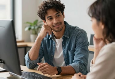A compassionate recovery specialist speaking with a relieved client in a cozy office.