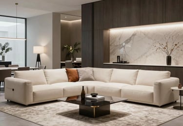 A cozy living room featuring minimalist, high-quality furniture with warm natural light.