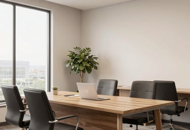 A warm, professional image of a Black businesswoman assisting a client in a modern office setting with royal blue and canary yellow accents.