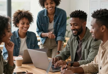 A warm, professional image of a Black businesswoman assisting a client in a modern office setting with royal blue and canary yellow accents.
