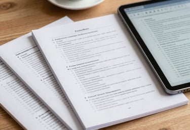 Close-up of high-quality printed study guides and a digital tablet showing a mock exam interface on a clean wooden desk, with a cup of Colombian coffee in the background.