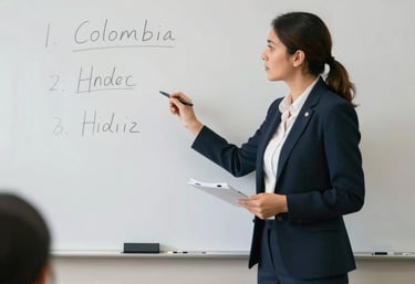 A teacher in professional attire standing in a modern classroom setting in Colombia, explaining concepts on a white board, captured in a crisp, clean style.