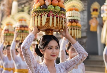 Balinese woman in traditional kebaya carries a towering fruit offering on her head during a Hindu temple ceremony in Bali.