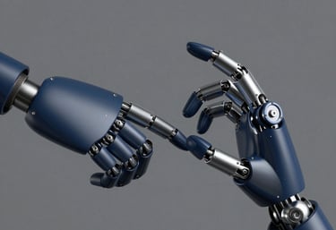 A futuristic robot hand reaching out to a glowing neural network shaped like a brain with stars in the background.