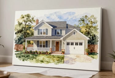 A high-quality canvas print of a watercolor house being unwrapped from protective paper in a North American / US living room. The style is elegant and boutique-focused.
