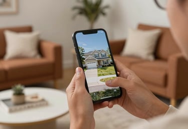 A person in a North American / US home holding a smartphone, looking at a photo of a suburban house. The room is decorated with warm clay brown and cream white accessories.