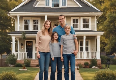 A happy family standing outside their new home, smiling and holding keys.