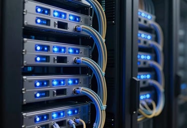 A secure server room with blinking blue lights and neatly organized cables, reflecting a high-tech and reliable atmosphere in a Middle Eastern / Turkish facility.