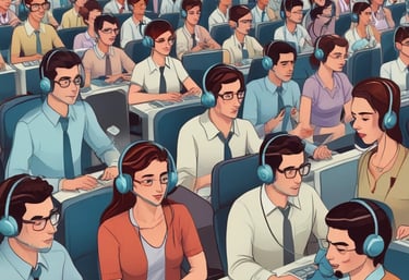 Modern office team collaborating around computers with VoIP and CRM interfaces visible.