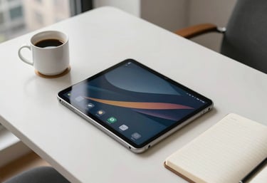 An overhead shot of an organized desk featuring a high-end Android tablet, a coffee cup, and a notebook, illuminated by clean natural light in a US city apartment.