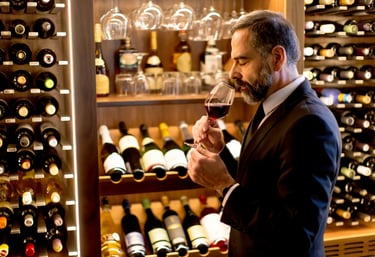 A man smelling wine from a glass near a cellar
