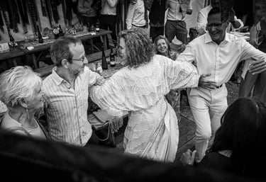 A packed dance floor at a Devon wedding with Rowans ceilidh band.