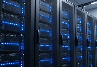 A sleek, high-tech server room background with glowing light blue lights, representing the robust infrastructure and technology behind our services.