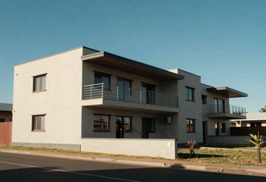 A modern South African community building with clean architecture under a clear blue sky, emphasizing a sense of community and infrastructure support.