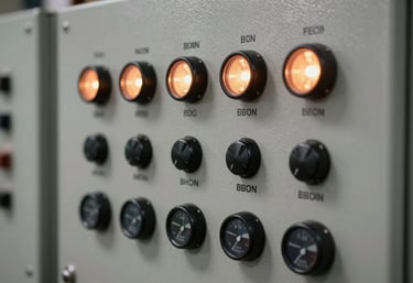 Close-up of a modern industrial control panel with glowing lights and precise dials, representing efficiency and advanced technology in the US.