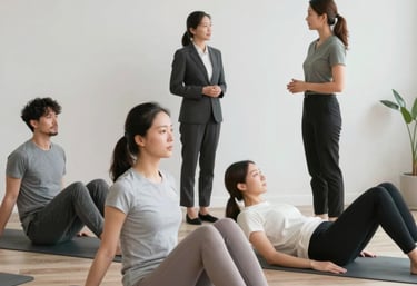 Close-up of hands in a meditative yoga mudra with a serene urban background.
