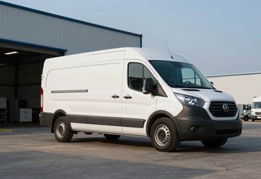 A wide photography shot of a professional logistics van parked outside a modern distribution warehouse in a North American industrial park during the day.