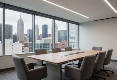 A bright, professional meeting room with a large windows overlooking a North American urban skyline, featuring modern gray furniture.