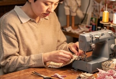 Una mujer que usa una máquina de coser antigua para crear ropa para mascotas hecha a mano 