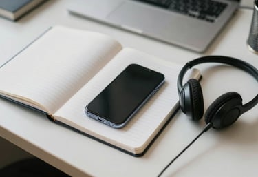 An overhead shot of a clean, organized office desk with a smartphone, notebook, and headset in a light-filled Brazilian workspace.