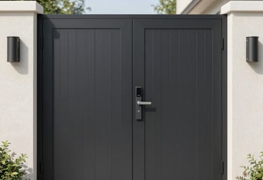Close-up of a custom metal door with industrial design and welding details.