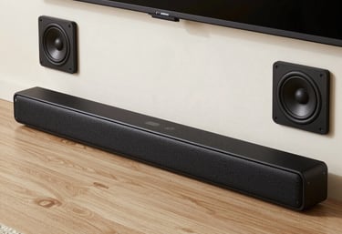 A modern home theater setup showcasing wall-mounted TV and speakers.