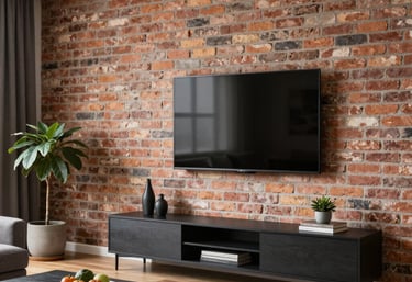 A technician carefully mounting a flat-screen TV on a living room wall.