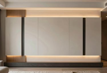 A professionally photographed living room with a focus on a feature wall with modern panels and warm hidden LED lighting. The style is minimalist and luxurious with South Asian / Indian decor accents.