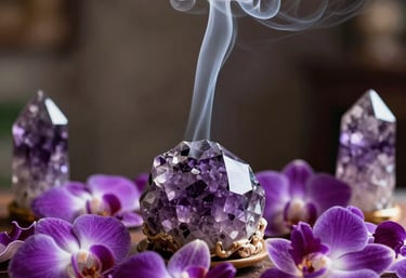Photography of a serene South American indoor altar with purple orchid petals, soft incense smoke, and polished amethyst crystals, conveying a mystical and professional atmosphere.