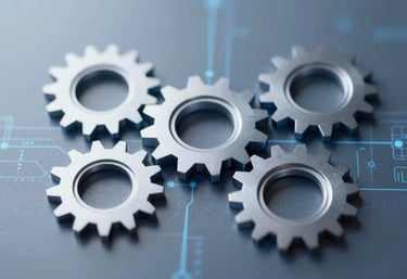 A symbolic image of gears and digital connections in shades of blue and silver, representing business intermediation and process optimization.