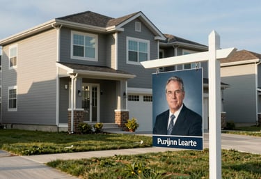 A modern residential home in a North American suburb with a professional real estate sign, shot in bright morning light.
