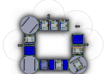 Vista superior concepto de celula de enesamble con COBOTS (OEM)