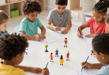 Diverse group of children in a play therapy session painting, drawing and playing with figurines