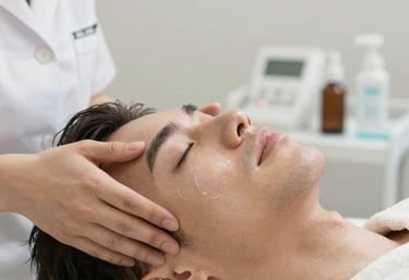 Elegant spa treatment room with soft pink and beige tones, featuring plush chairs and gentle lighting.