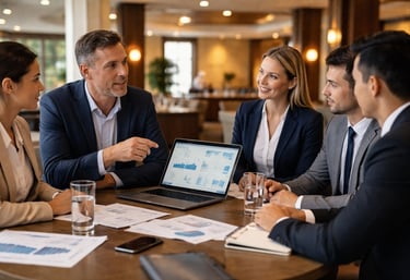 Hotel management team reviewing performance data during operations consulting session