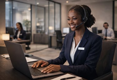 Young African female reservations agent with headset in hotel office