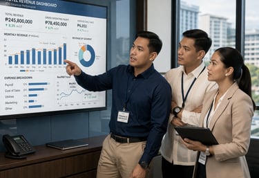 Filipino hotel management team reviewing financial performance on revenue dashboard