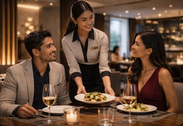 Hotel waitress serving guests in restaurant